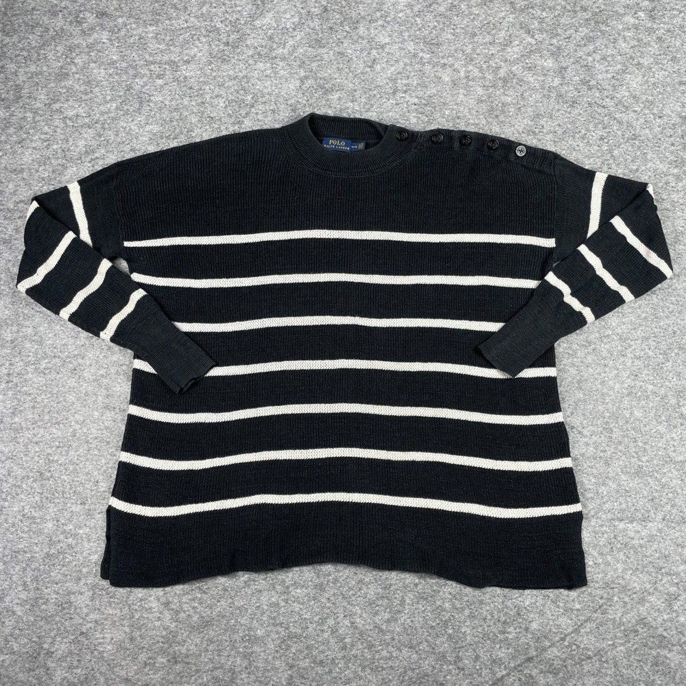 Polo Ralph Lauren Sweater Womens M Black Linen Striped Shoulder Button Trim